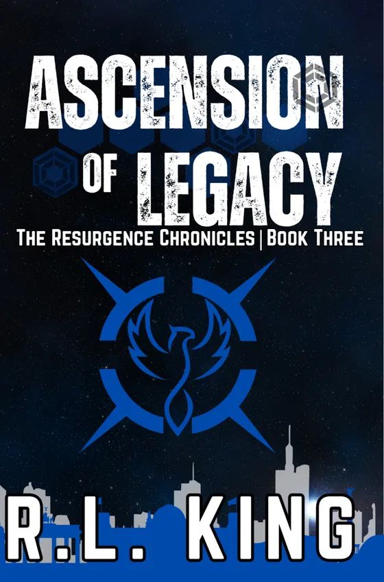 A blue phoenix rises within a crossed, blade-like emblem, set against a star-scattered navy sky. A blue-tinted city skyline stands at the base.