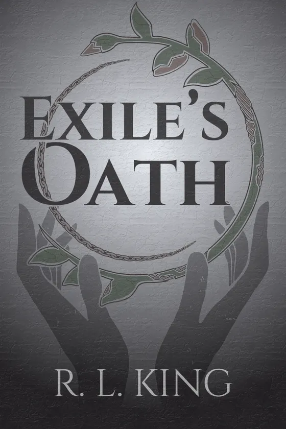 A weathered stone-grey background frames a circular emblem woven from a chain and a flowering vine, cradled from below by two dark silhouetted hands reaching up from the bottom edge.