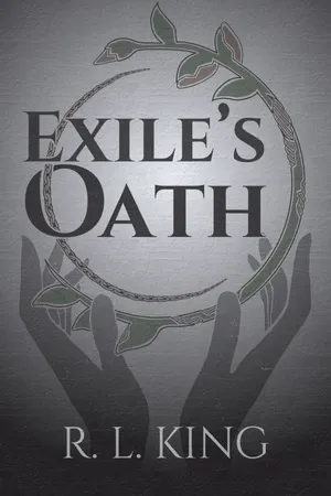 A weathered stone-grey background frames a circular emblem woven from a chain and a flowering vine, cradled from below by two dark silhouetted hands reaching up from the bottom edge.