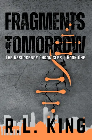 A cracked concrete wall in ash grey, split by a jagged fissure from which a glowing orange chain of DNA-like nodes rises like a spine. A grey city skyline stands silhouetted against a solid orange horizon at the base.