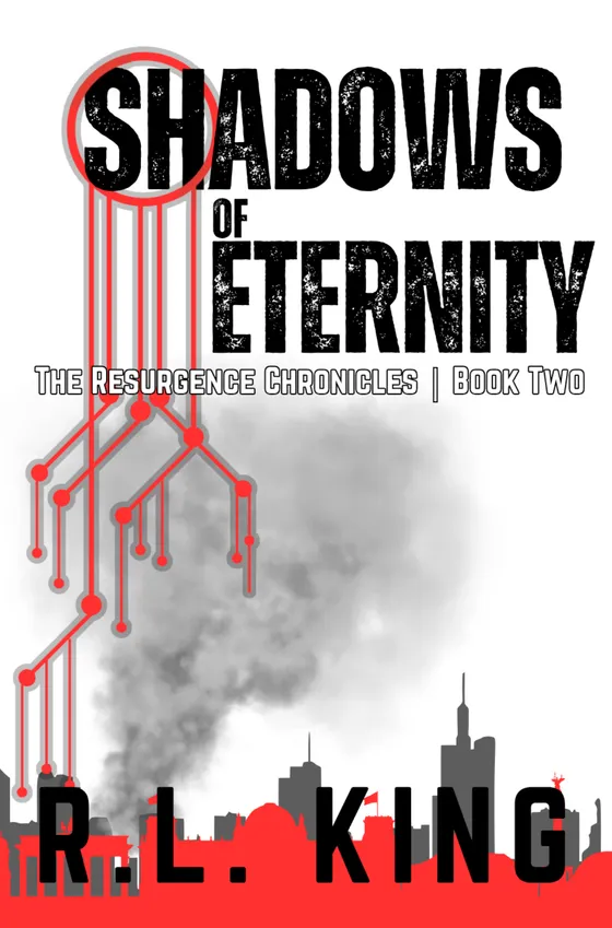 A black-and-red circuit pattern spreads downward from a red-circled letter at the top of the title, branching like exposed wiring through a cloud of grey smoke. Below, a red-lit city skyline burns against a bright red horizon.