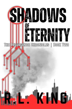 A black-and-red circuit pattern spreads downward from a red-circled letter at the top of the title, branching like exposed wiring through a cloud of grey smoke. Below, a red-lit city skyline burns against a bright red horizon.